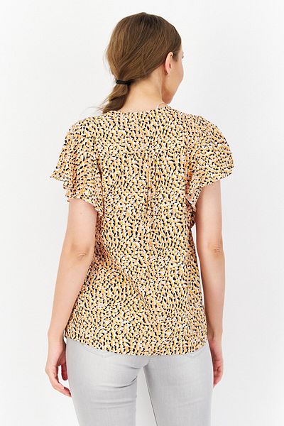 TAIFUN Women V-neck Ruffle Neck Allover Print Top, Yellow Combo