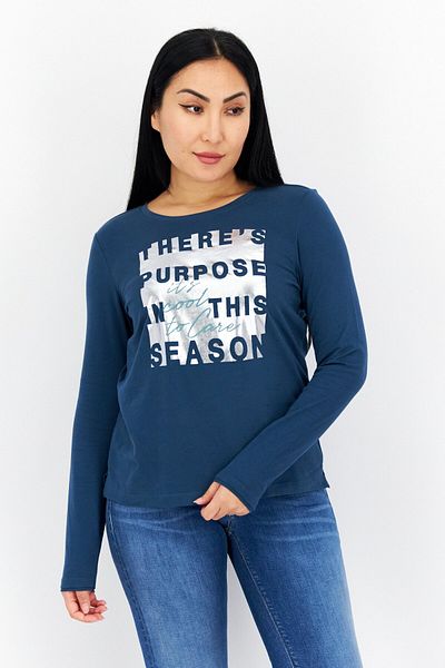 s.Oliver Women Crew Neck Long Sleeves Graphic Print Top, Teal Blue Combo