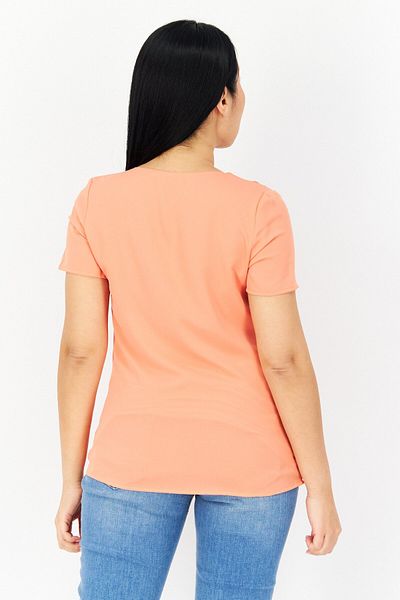 ZERO Women V-neck Short Sleeves Plain Blouse, Orange