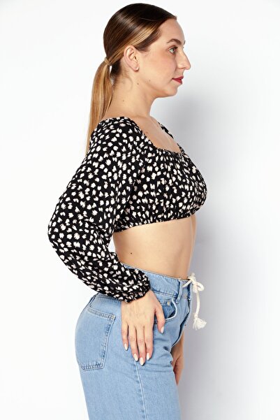 Endless Blu Women Square Neck Long Sleeve Top, Black