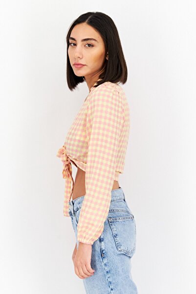 VILA Women V Neck Long Sleeve Gingham Blouse, Pink