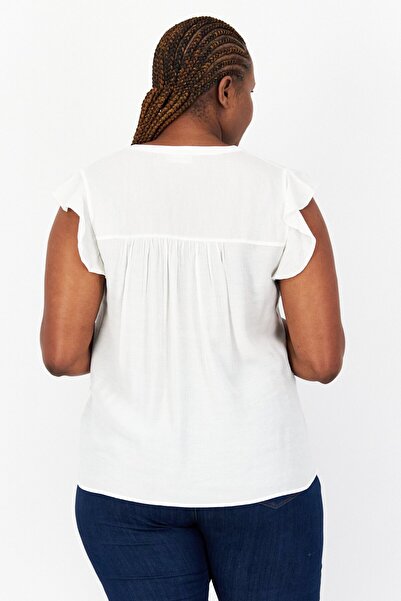 TAIFUN Women Horseshoe Neck Ruffle Sleeve Textured Top, White