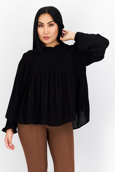 s.Oliver Women Ruffle Neck Long Sleeve Plain Blouse, Black