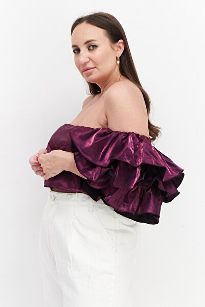 Yaura Women Plus Size Off Shoulder Ruffle Sleeve Metallic Top, Purple