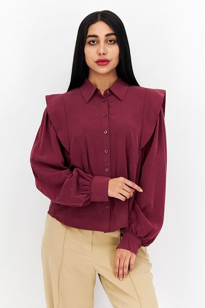 s.Oliver Women Spread Collar Long Sleeve Plain Blouse, Maroon