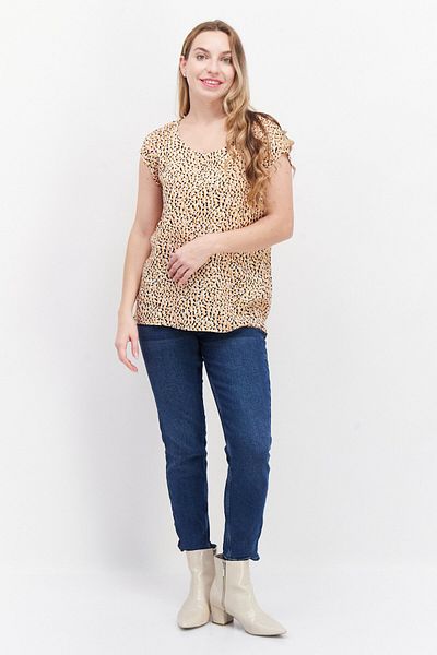 TAIFUN Women Round Neck Sleeveless Allover Print Blouse, Yellow Combo