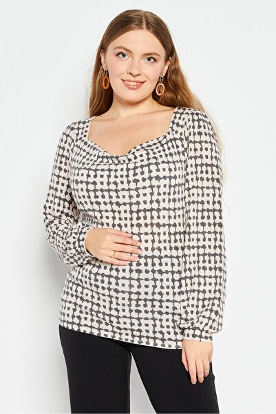 Kaileigh Women Boat Neck Long Sleeve Allover Print Top, Beige