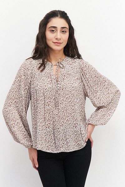 Gentle Fawn Women Tie Neckline Long Sleeves Allover Print Blouse, Taupe Combo