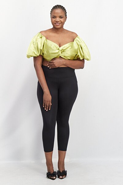 Yaura Women Plus Size Off-shoulder Neck Puff Sleeve Textured Crop Top, Lime Green