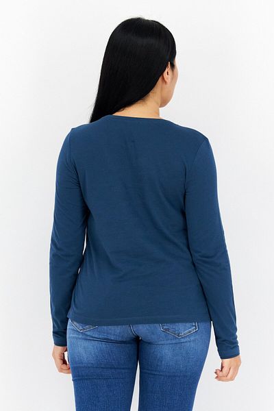 s.Oliver Women Crew Neck Long Sleeves Graphic Print Top, Teal Blue Combo