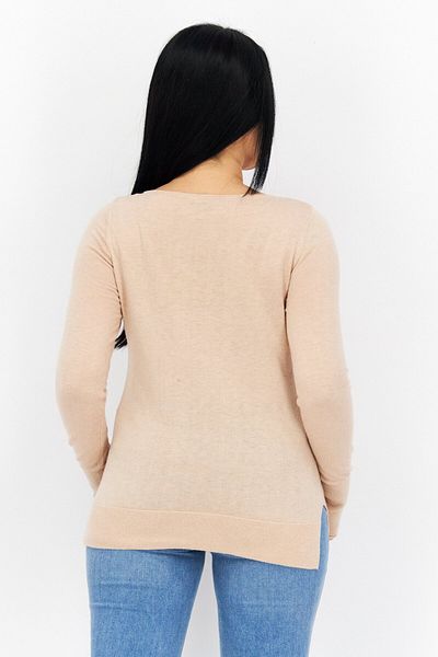 comma Women Round Neck Long Sleeve Solid Top, Beige