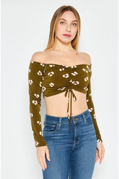 Endless Blu Women Straight Across Long Sleeve Allover Print Top, Dark Olive