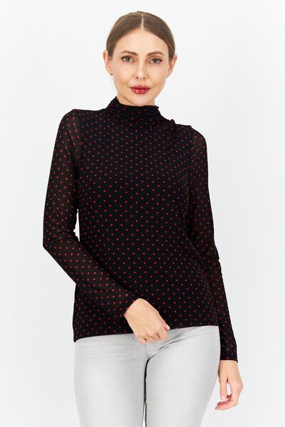 ZERO Women High Neck Long Sleeve All Over Print Blouse Top, Black