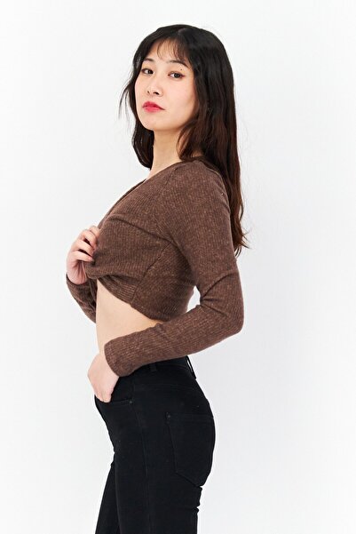 Endless Blu Women Keyhole Neck 3/4 Sleeve Textured Top, Brown Combo