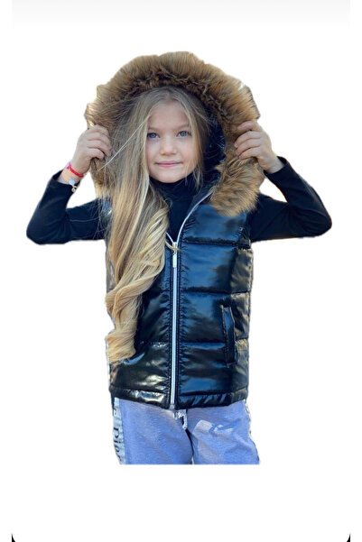 Calisa Girl's Fur Hooded Inflatable Coat Vest and Bottom Tracksuit Set of 2