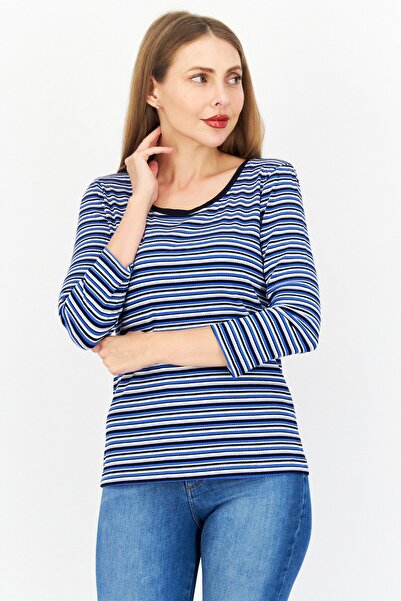 ZERO Women Round Neck Long Sleeves Stripe Top, Blue