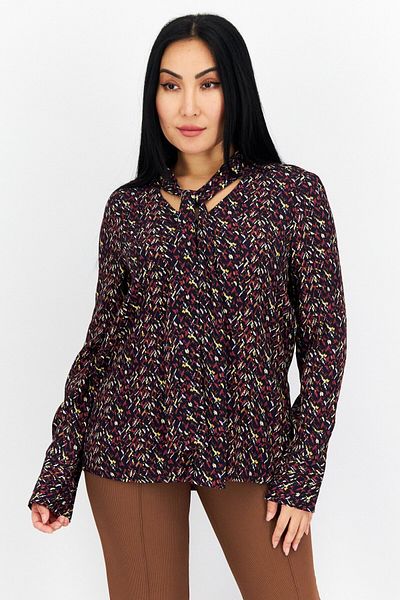 s.Oliver Women Tie Neck Long Sleeves Allover Print Blouse, Black Combo