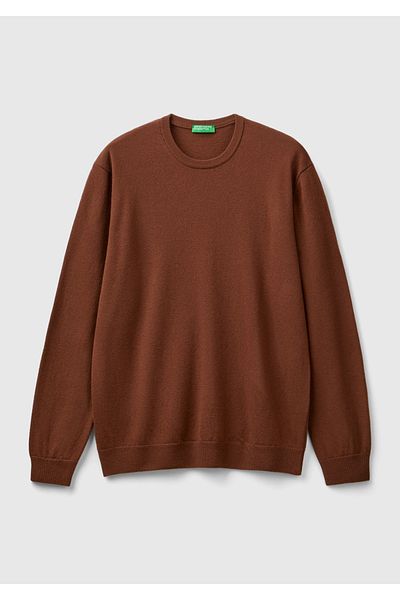 United Colors of Benetton Мъжки пуловер с кръгло деколте от 100% мериносова вълна кафяв