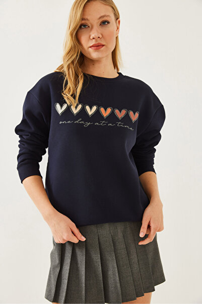 3 iplik Şardonlu Kalp Baskılı Sweatshirt