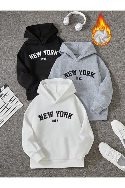 MORNİNG KİDS Повдигнат суичър с щампа New York 199X за момчета и момичета (черно-сиво-бяло)