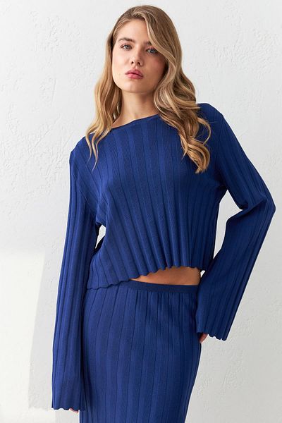 Setre Saks Crew Neck Long Sleeve Relaxed Fit Blouse and Full Fit Skirt Knitwear Set