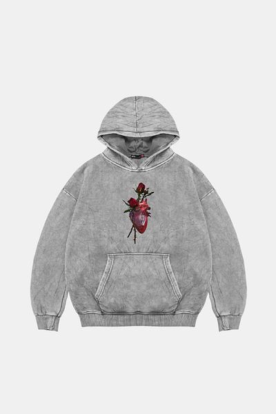 Sekizbiraltı Heart&Rose Printed Oversize Unisex Premium Washed White Hoodie