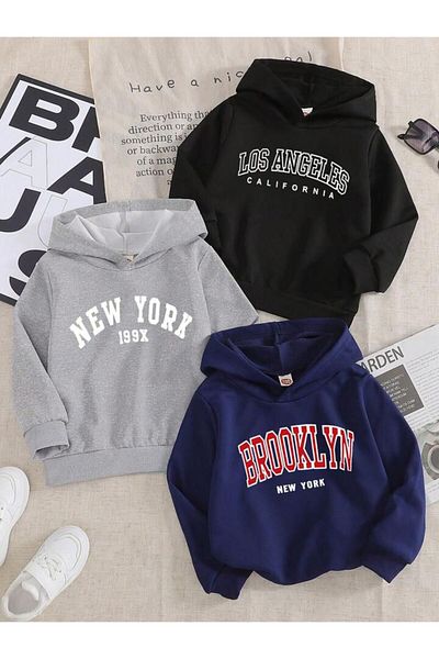 MORNİNG KİDS 3 пакета черно-сив суичър с качулка - Brooklyn Newyork Losangeles Printed (момчета-момичета)