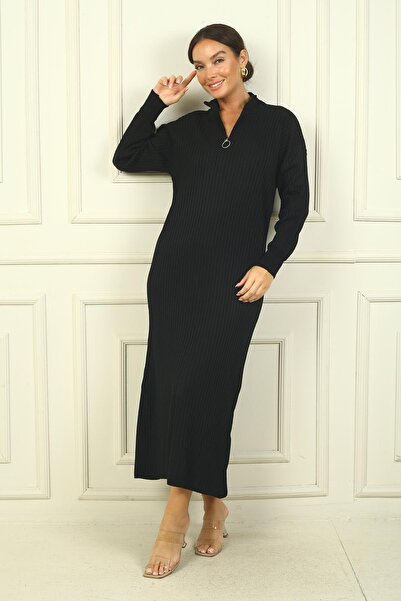 By Saygı Round Neck Collar Zipper Long Sleeve Knitwear Dress