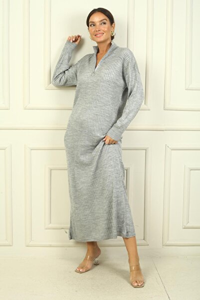 By Saygı Yuvarlak Yaka Yakası Fermuarlı Uzun Kol Triko Elbise