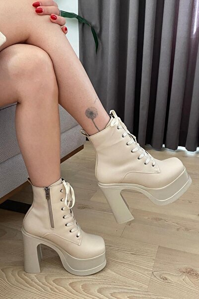 Preshley Kadın Simya Krem Bağcıklı Detaylı 12 cm Platform Topuklu Fermuarlı Bot