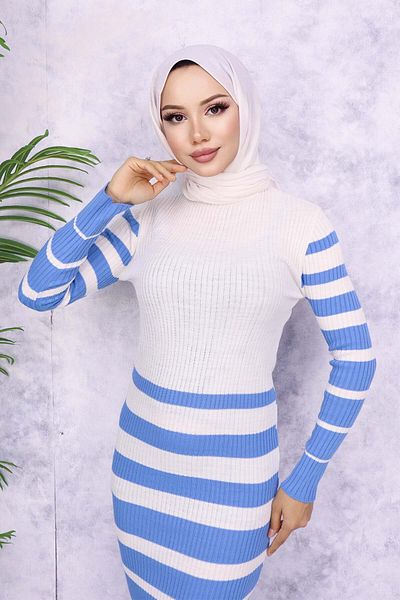 benguen 6041 Rochie albastră de tricotaje cu gât