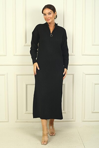 By Saygı Round Neck Collar Zipper Long Sleeve Knitwear Dress