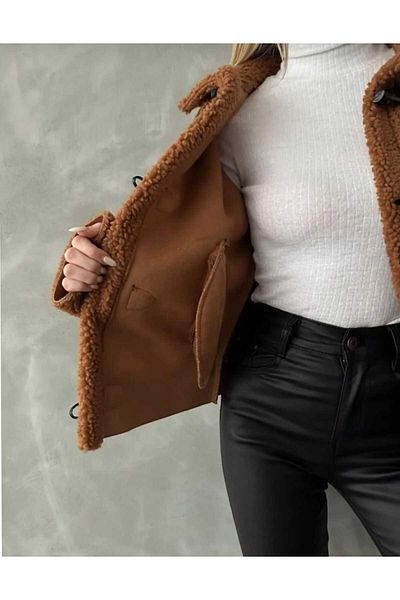 Azra Moda Style Lamb Plush Suede Lacing Button Detail Jacket Women