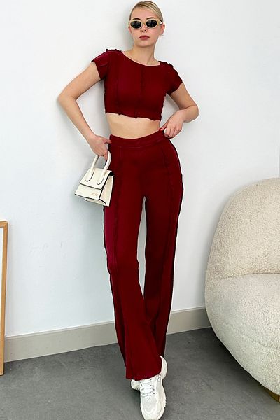 VAGGON Costum Interlock Roșu Claret - Bluză și pantaloni cu cusătură inversă Prm0726