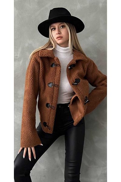 Azra Moda Style Lamb Plush Suede Lacing Button Detail Jacket Women