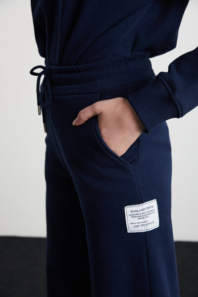 GRIMELANGE Laury γυναικείο μαλακό φαρδύ πόδι από οργανικό βαμβάκι με κανονική ετικέτα Λεπτομερές μπλε ναυτικό παντελόνι