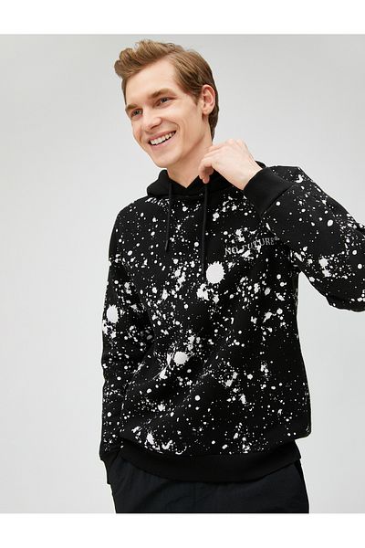 Koton Hooded Sweatshirt Slogan Embroidered Abstract Printed Long Sleeve