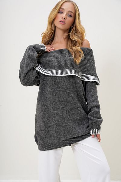 Trend Alaçatı Stili Anthracite Color Oversize Winter Knitwear Sweater - Madonna Collar and Stripe Detail Alc-X13214