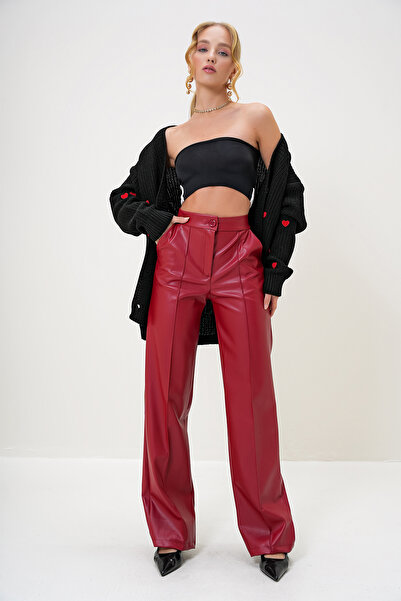 Trend Alaçatı Stili Pantaloni Palazzo din piele artificială cu buzunar dublu cu cusături în față roșii ALC-X9371