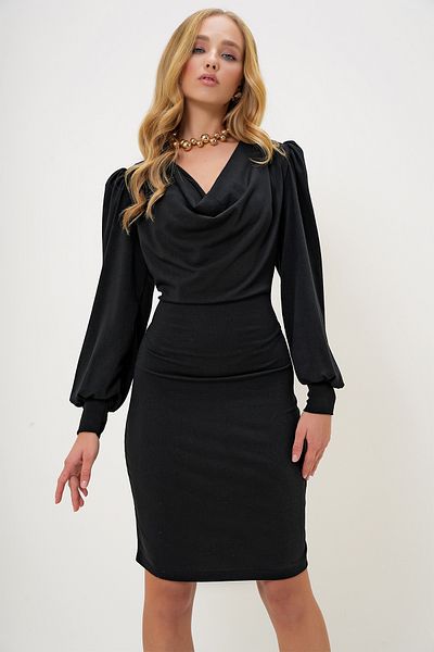 Trend Alaçatı Stili Black Mini Length Crepe Dress - Degaje Collar, Princess Sleeve, Seasonal Alc-X13260