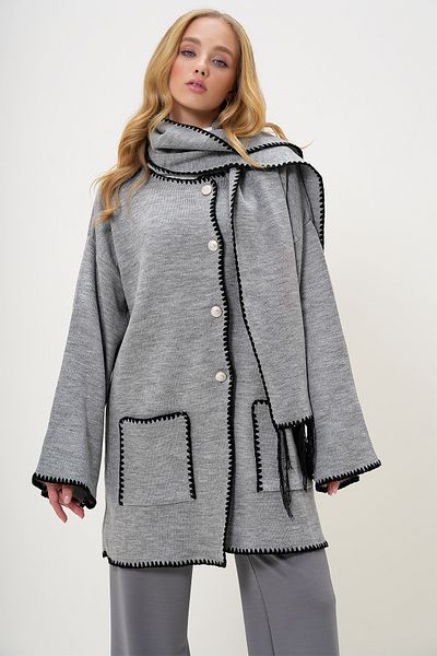 Trend Alaçatı Stili Women's Gray Double Pocket Shepherd's Stitching Detailed Oversize Cardigan and Scarf Suit Alc-X13221