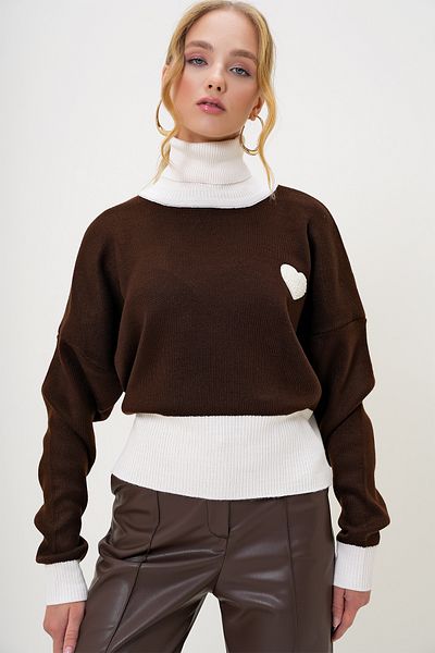 Trend Alaçatı Stili Sweter z golfem Bitter Coffee - Color Block, Heart Crop, Winter Alc-X13231