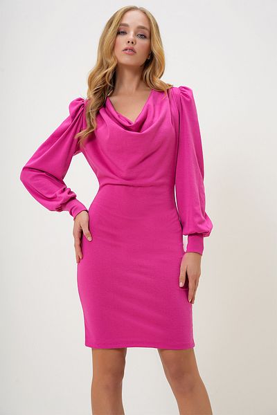 Trend Alaçatı Stili Women's Fuchsia Degaje Collar Princess Sleeve Knitted Crepe Seasonal Mini Length Dress Alc-X13260