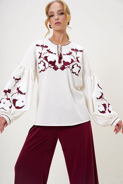 Trend Alaçatı Stili Women's Ecru Slit Neck Embroidery Embroidered Balloon Sleeve Woven Blouse Alc-X13206