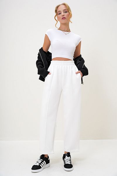 Trend Alaçatı Stili Weiße Damen-Buggy-Hose mit doppelter Tasche, elastischer Taille, Streifen vorne, 3-fädig, Raster, ALC-X13198