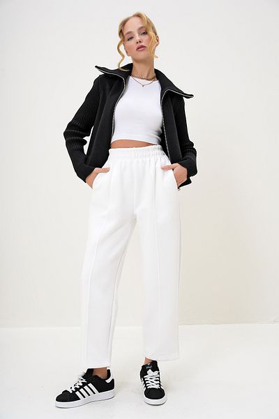 Trend Alaçatı Stili Weiße Damen-Buggy-Hose mit doppelter Tasche, elastischer Taille, Streifen vorne, 3-fädig, Raster, ALC-X13198