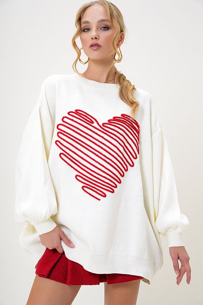 Trend Alaçatı Stili Ecrufarbener Winter-Strickpullover mit Rundhalsausschnitt und Kordel-Stickerei für Damen ALC-X13188