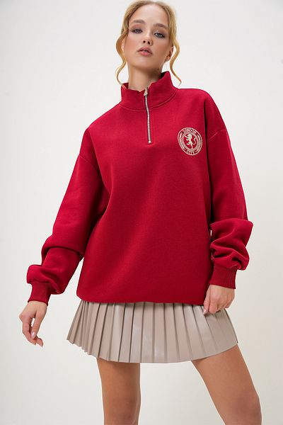Trend Alaçatı Stili Women's Red Half Turtleneck Front Zip Emblem Winter Three Thread Raised Sweatshirt Alc-X13222