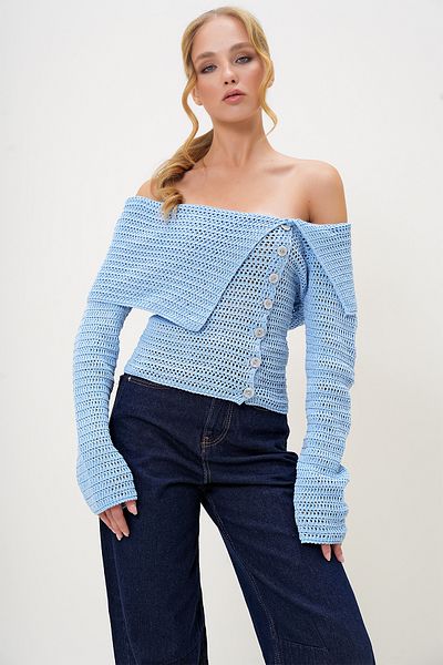 Trend Alaçatı Stili Blue Madonna Collar Openwork Knitwear Sweater - Button Detail, Winter Alc-X13219