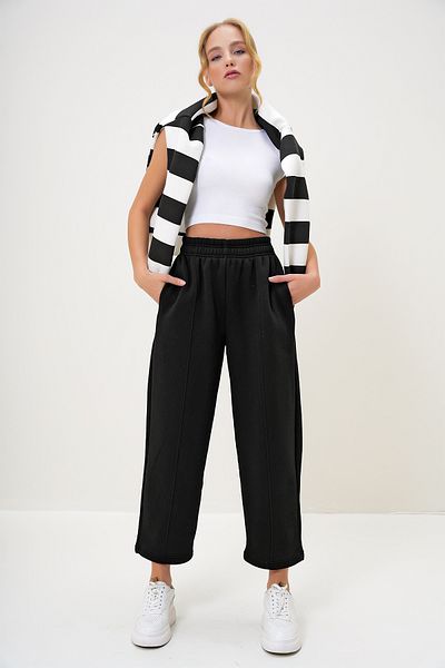 Trend Alaçatı Stili Schwarze Damen-Buggy-Hose mit doppelter Tasche, elastischer Taille, Streifen vorne, 3-fädig, Raster, ALC-X13198